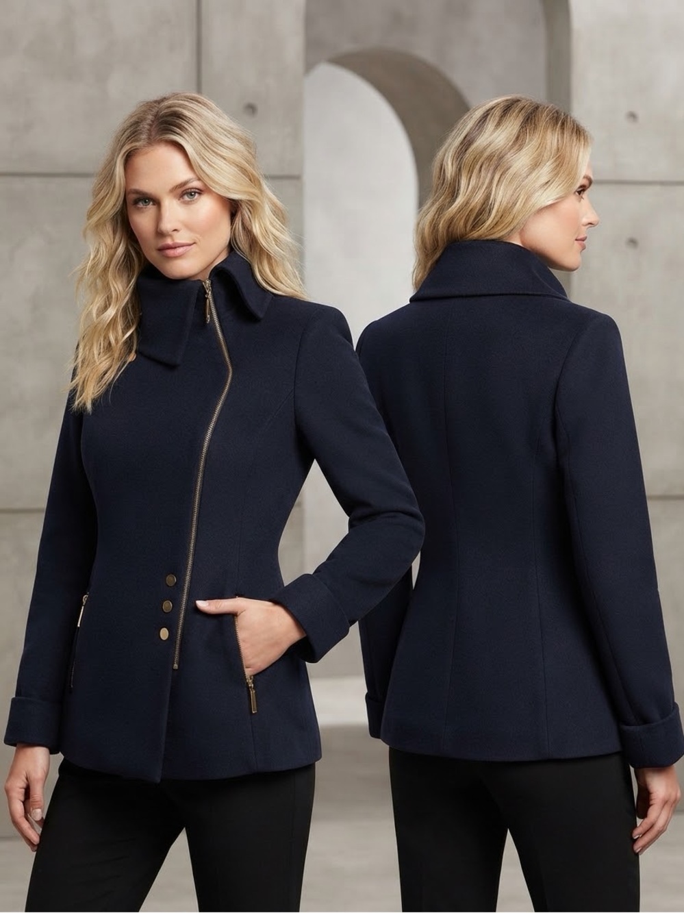 SALE💥WOMEN WINTER COAT WOOL BLEND ASYMMETRIC ZIPPED/BUTTONED FRONT JACKET NAVY